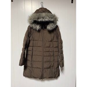WEATHERPROOF GARMENT COMPANY Women's Brown Hooded Puffer Coat Faux Fur Trim L